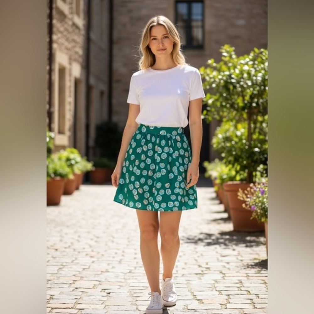 Green High Waist A-Line Mini Skirt Abstract Dot Print Side Zip